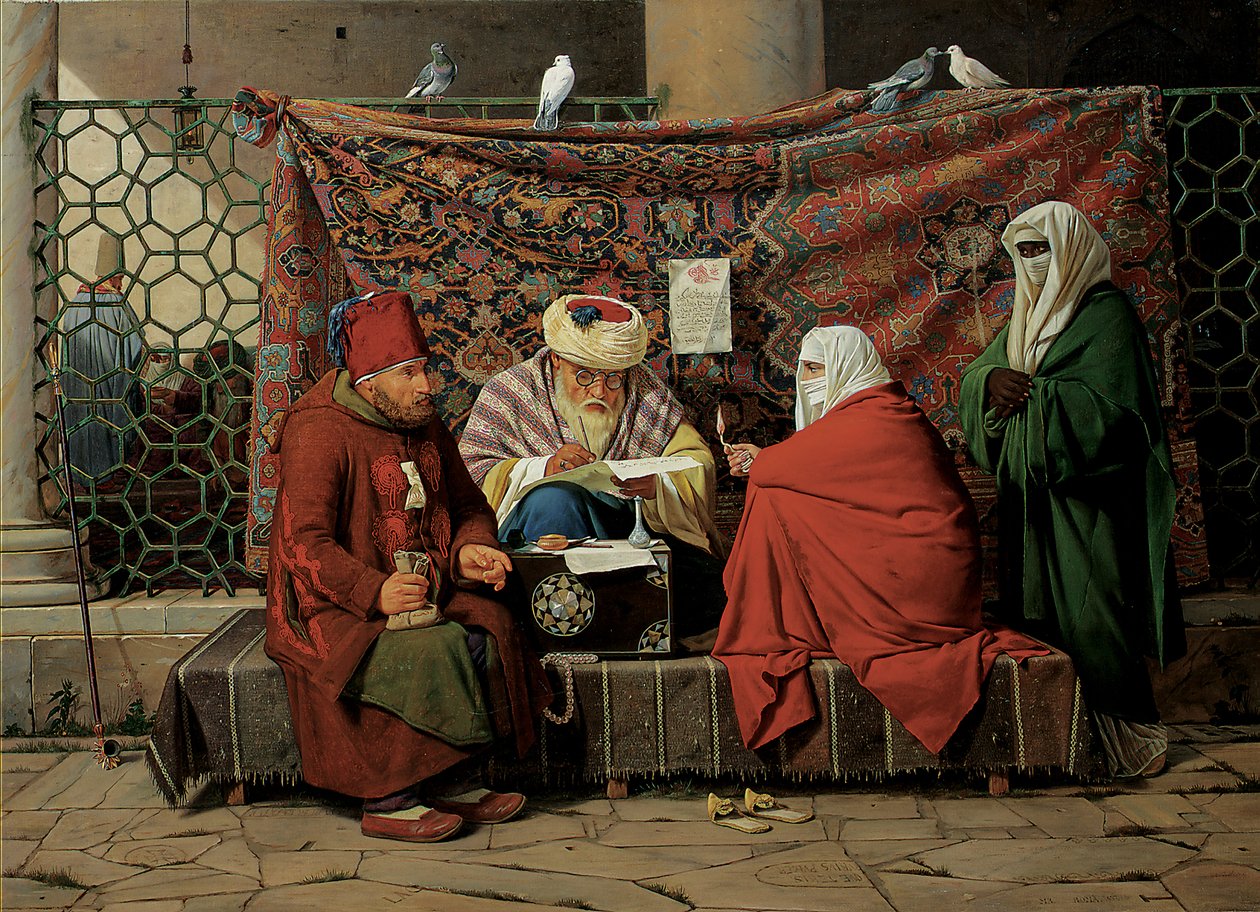 Um notário turco redigindo um contrato de casamento em frente à mesquita Kilic Ali Pasha, Tophane, Cinstantinople, 1837 de Martinus Rorbye