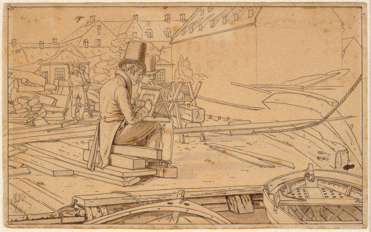 Um artista pintando por um estaleiro de Martinus Rørbye