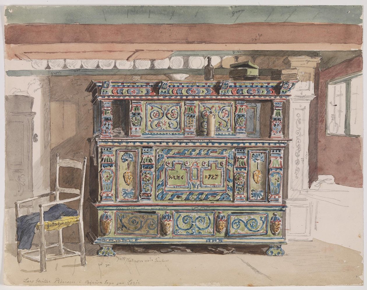 Armário pintado, datado de 1727, numa sala de estar de Læsø de Martinus Rørbye