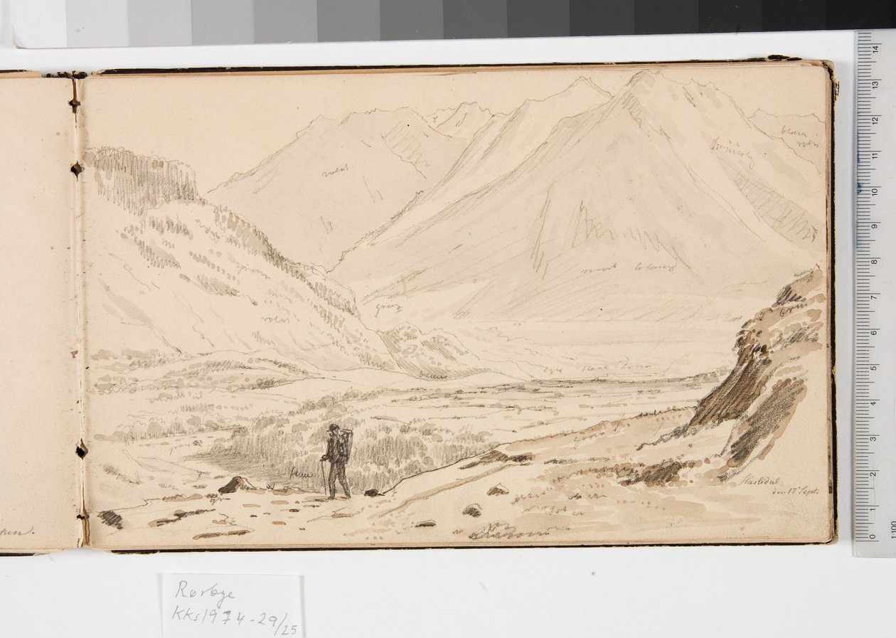 Paisagem montanhosa com três homens a descansar na relva e duas mulheres a tocar dulcimer de Martinus Rørbye