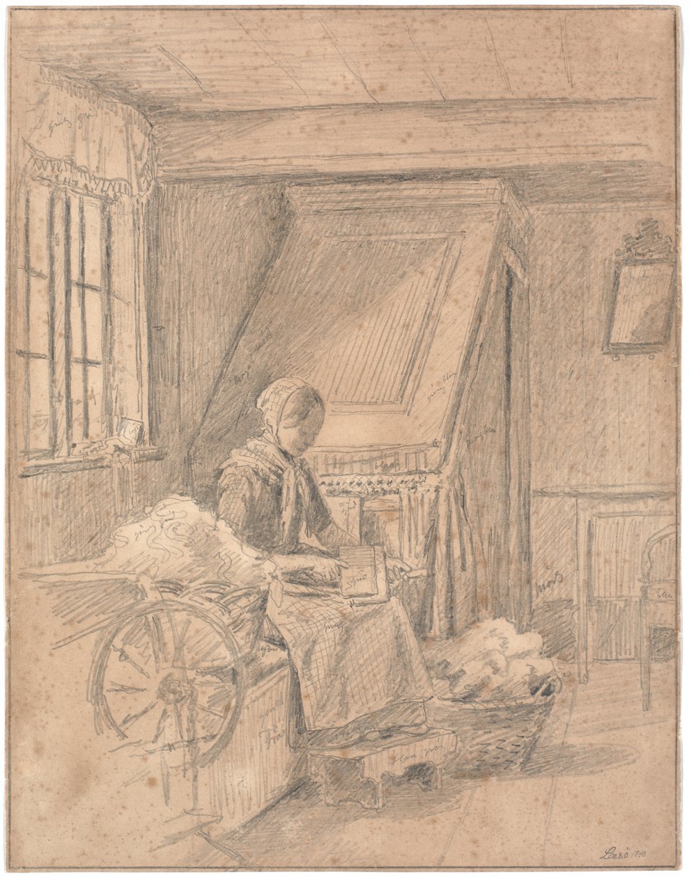 Casa de fazenda com menina cardando lã de Martinus Rørbye