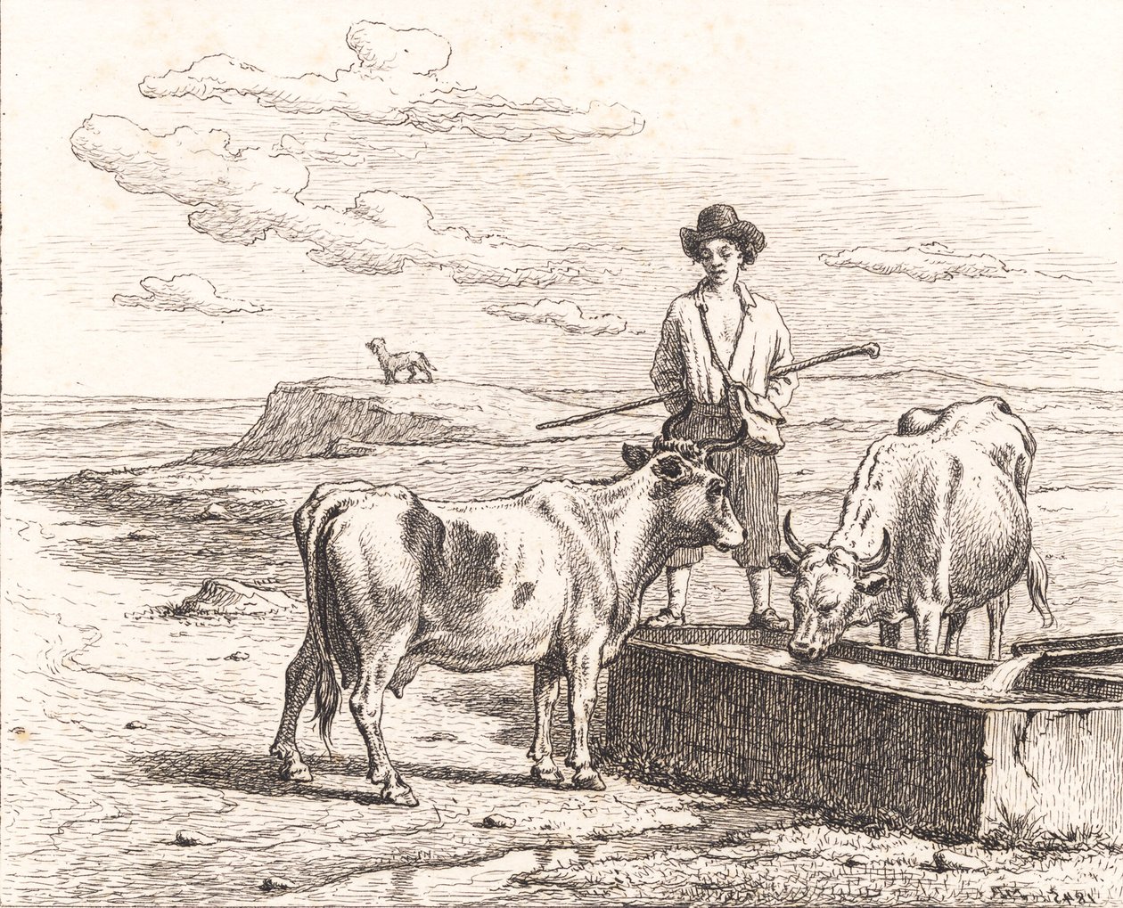 Um menino pastor em um bebedouro. Ilustração para Chr. Winther "Vinte e cinco fotos para crianças pequenas" de Martinus Rørbye