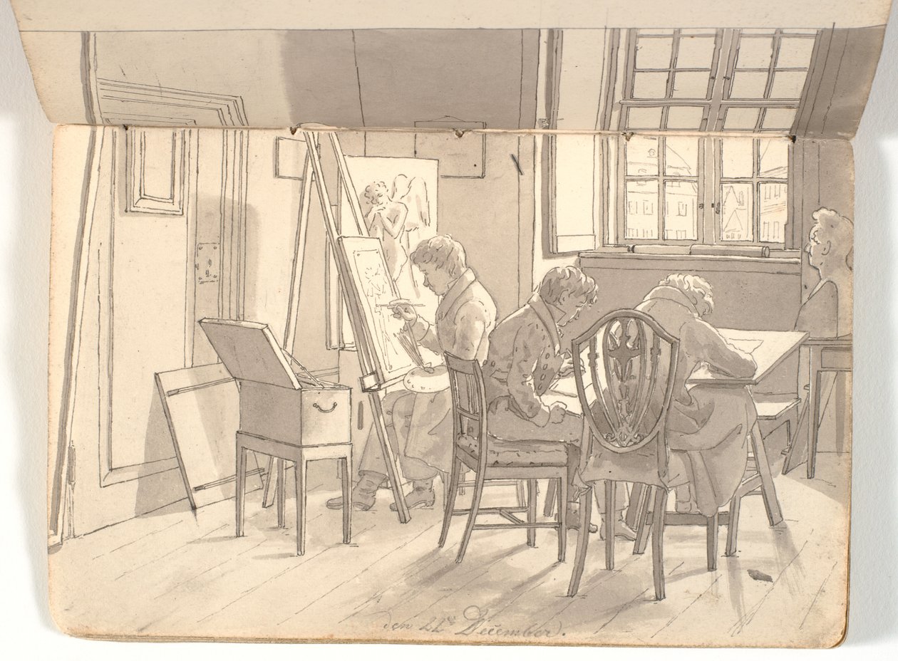 Interior da academia com artistas de pintura e desenho de Martinus Rørbye