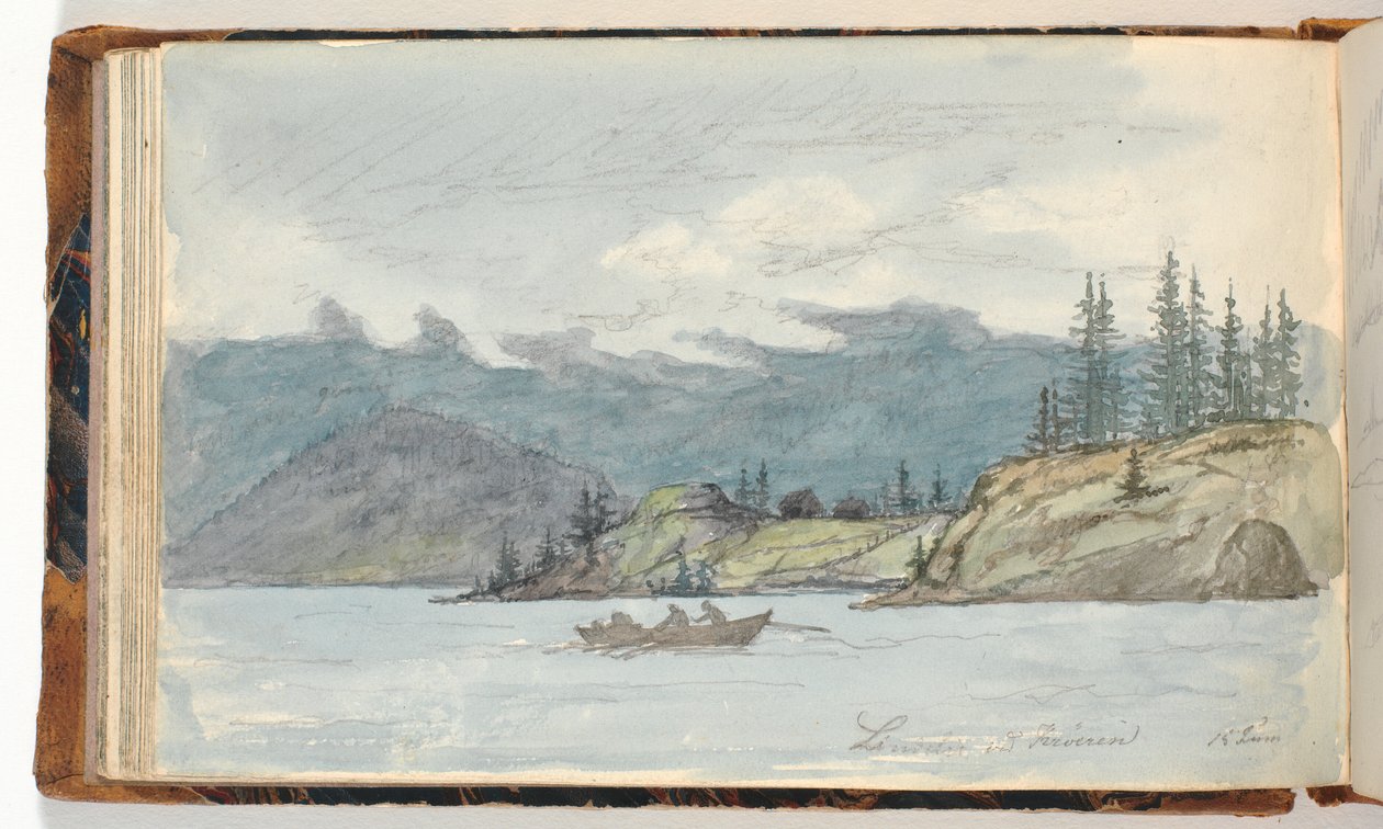 Paisagem lacustre com um barco a remos. O fiorde Krøderen, Noruega de Martinus Rørbye