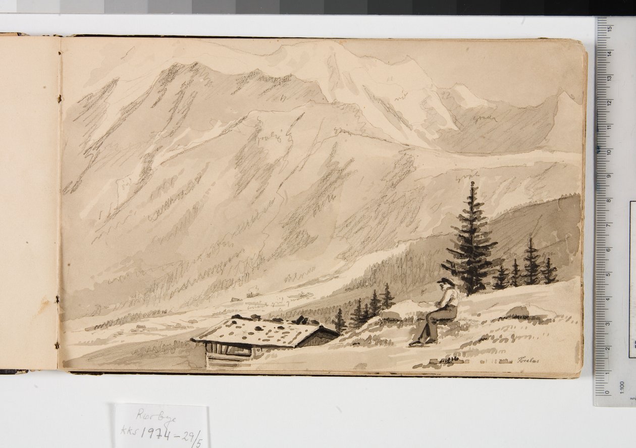 Paisagem perto de Chamonix, França. Em primeiro plano, um lago de Martinus Rørbye