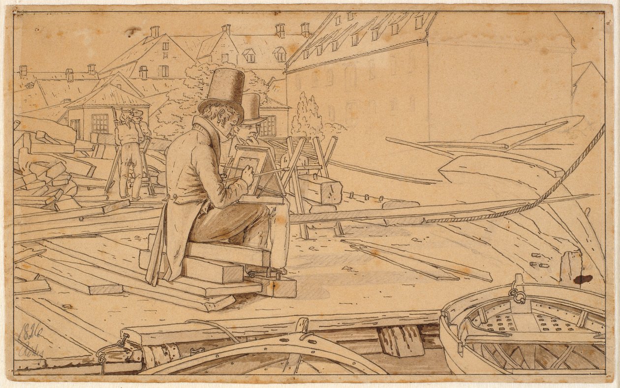 Um artista pintando por um estaleiro de Martinus Rørbye