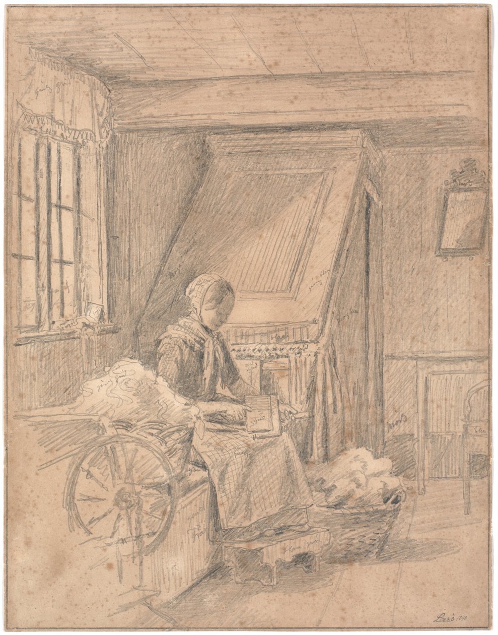 Casa de fazenda com menina cardando lã de Martinus Rørbye