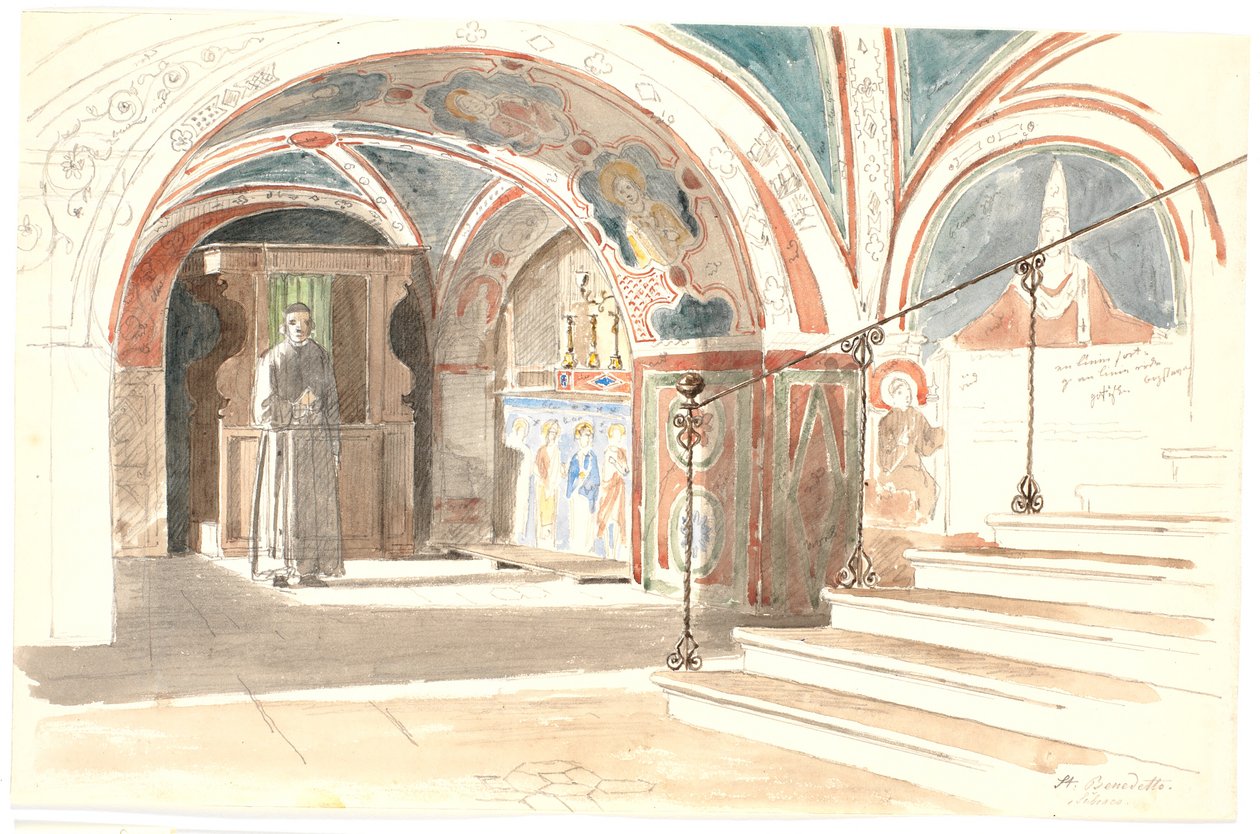 O interior da capela da abadia de S. Benedetto em Subiaco de Martinus Rørbye