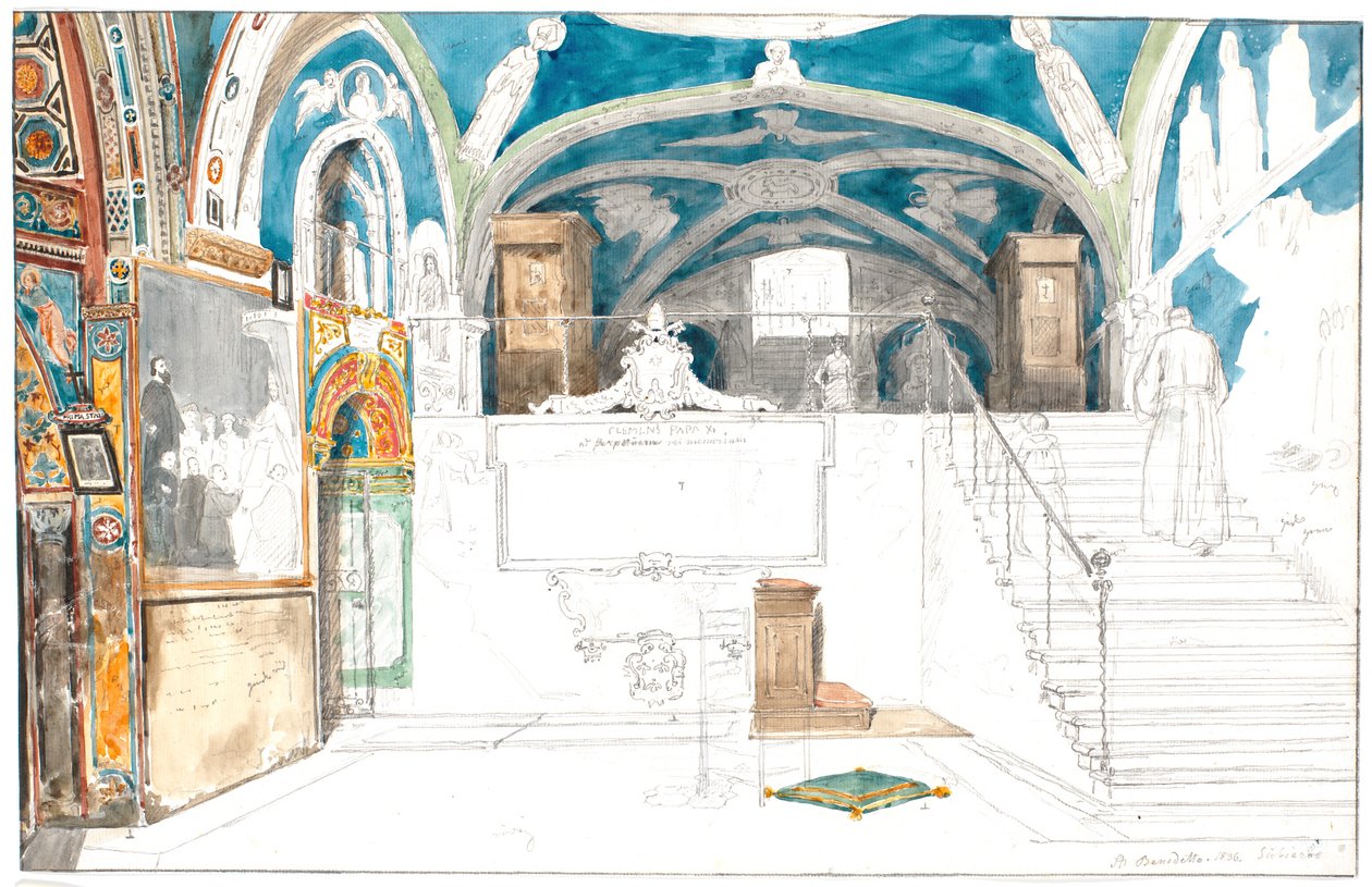 O interior da abadia de S. Benedetto em Subiaco de Martinus Rørbye