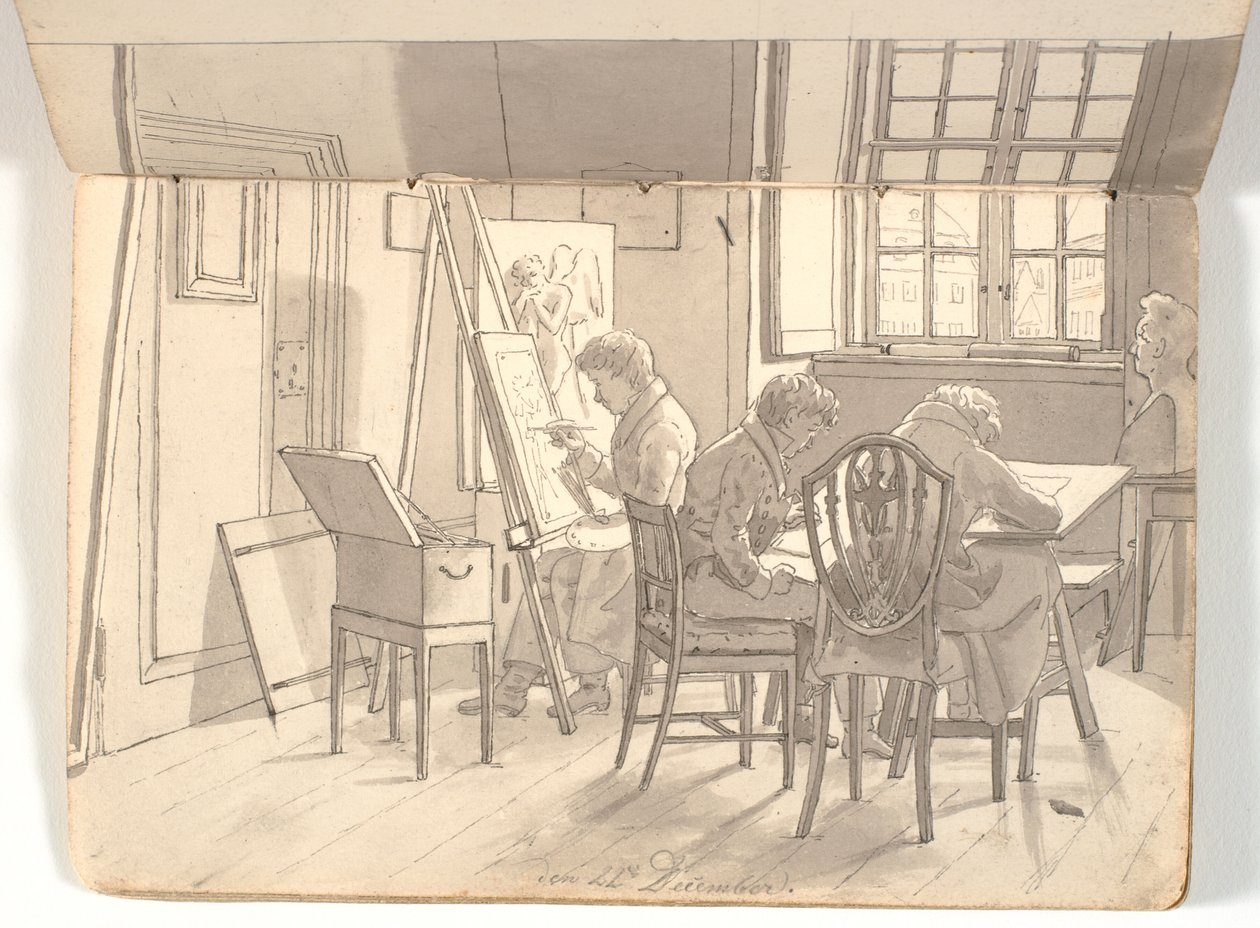 Interior da academia com artistas de pintura e desenho de Martinus Rørbye