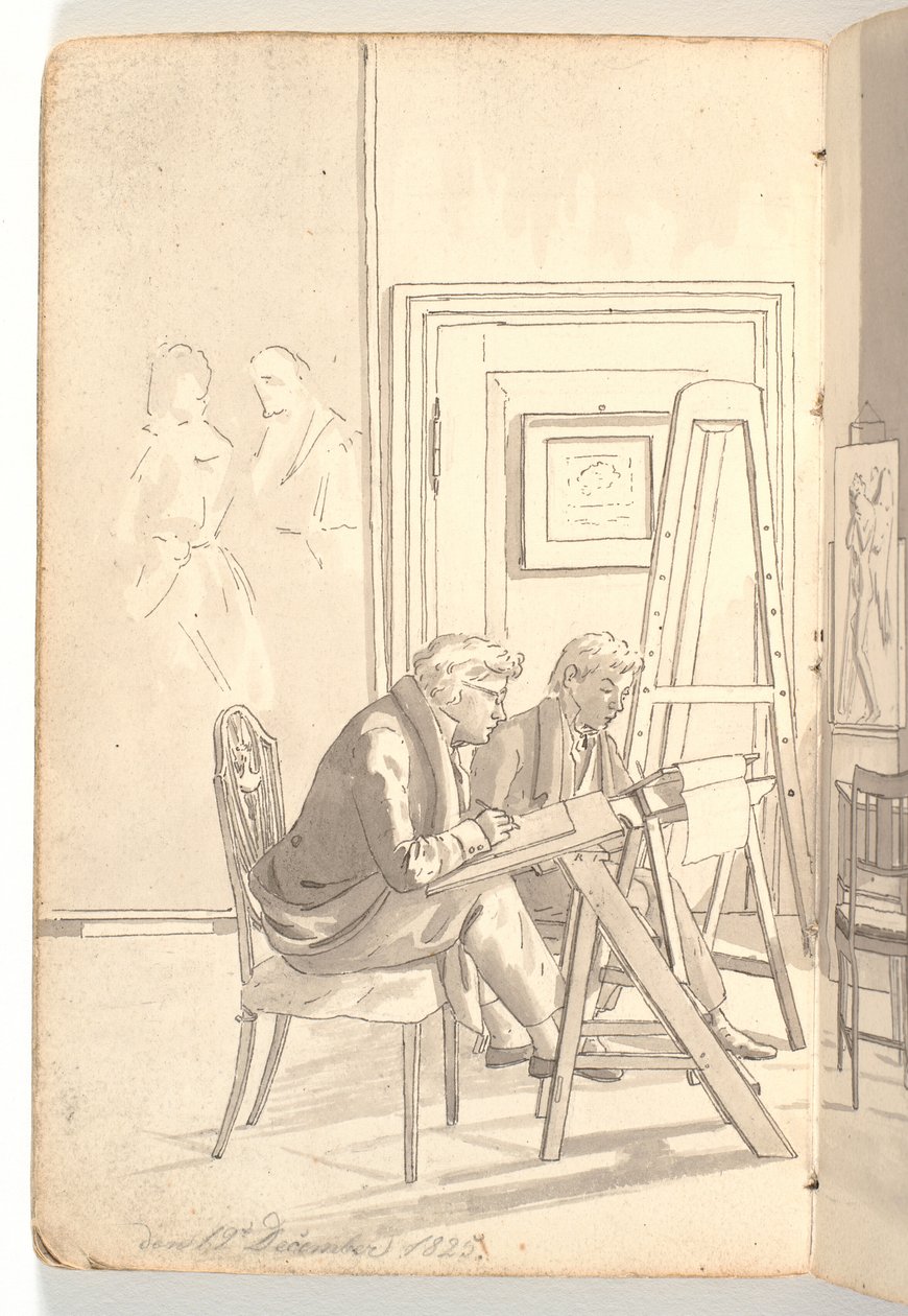 Interior da academia com jovens artistas desenhando de Martinus Rørbye