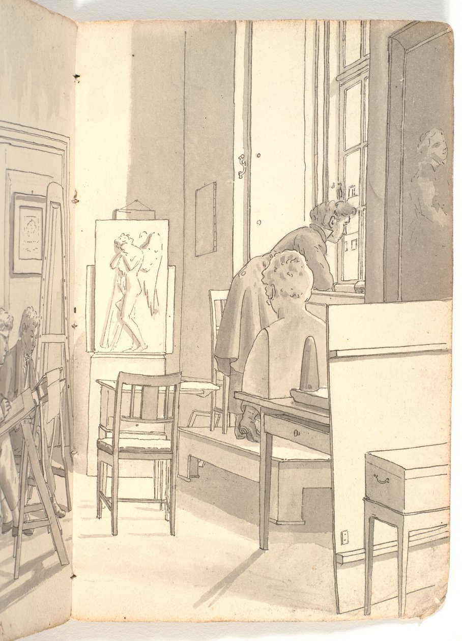 Interior da academia com jovens artistas desenhando de Martinus Rørbye