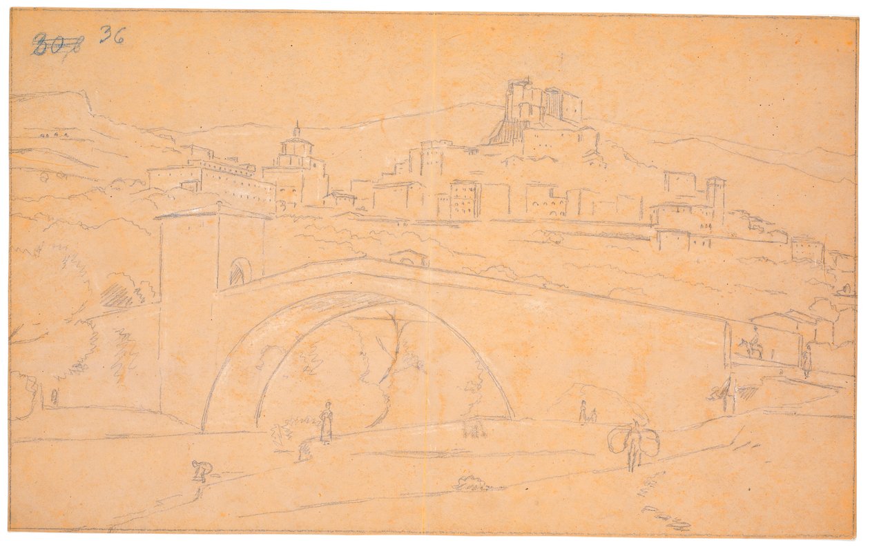 Paisagem italiana com uma ponte sobre um rio e a cidade de Subiaco ao fundo de Martinus Rørbye