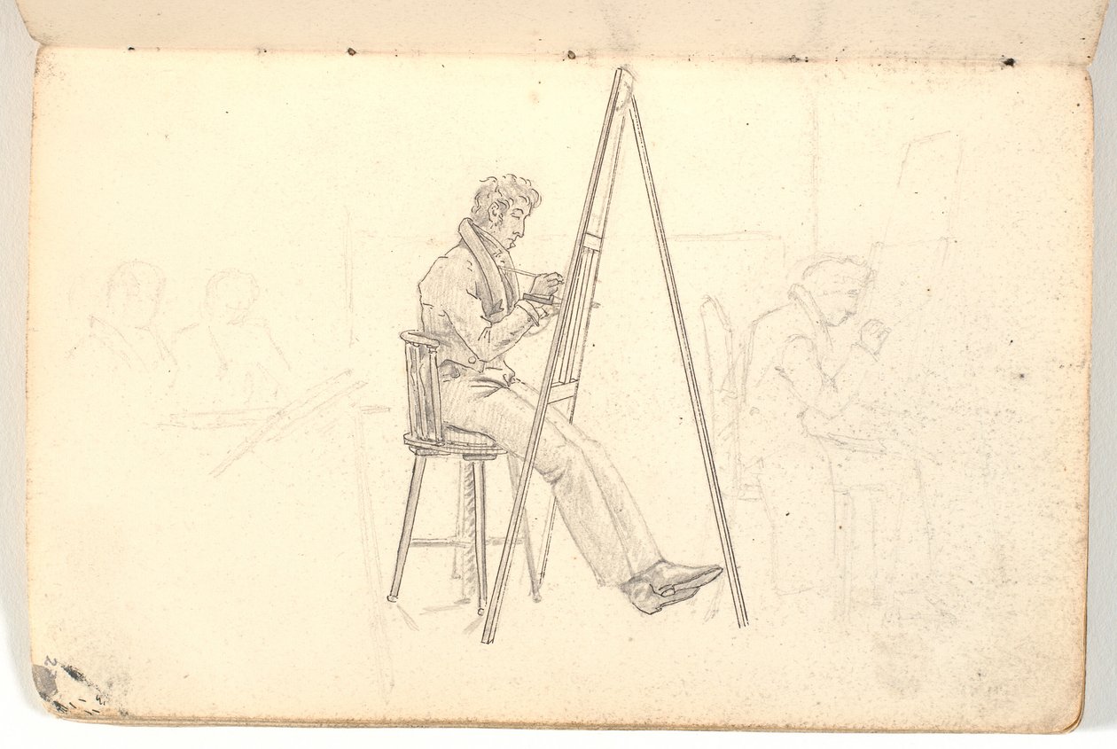 Artista em cavalete, bem como esboços de figuras ao fundo de Martinus Rørbye