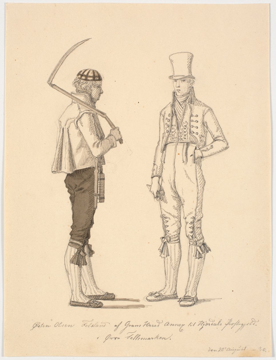 Agricultor em pé com foice e agricultor em traje da cidade de Martinus Rørbye