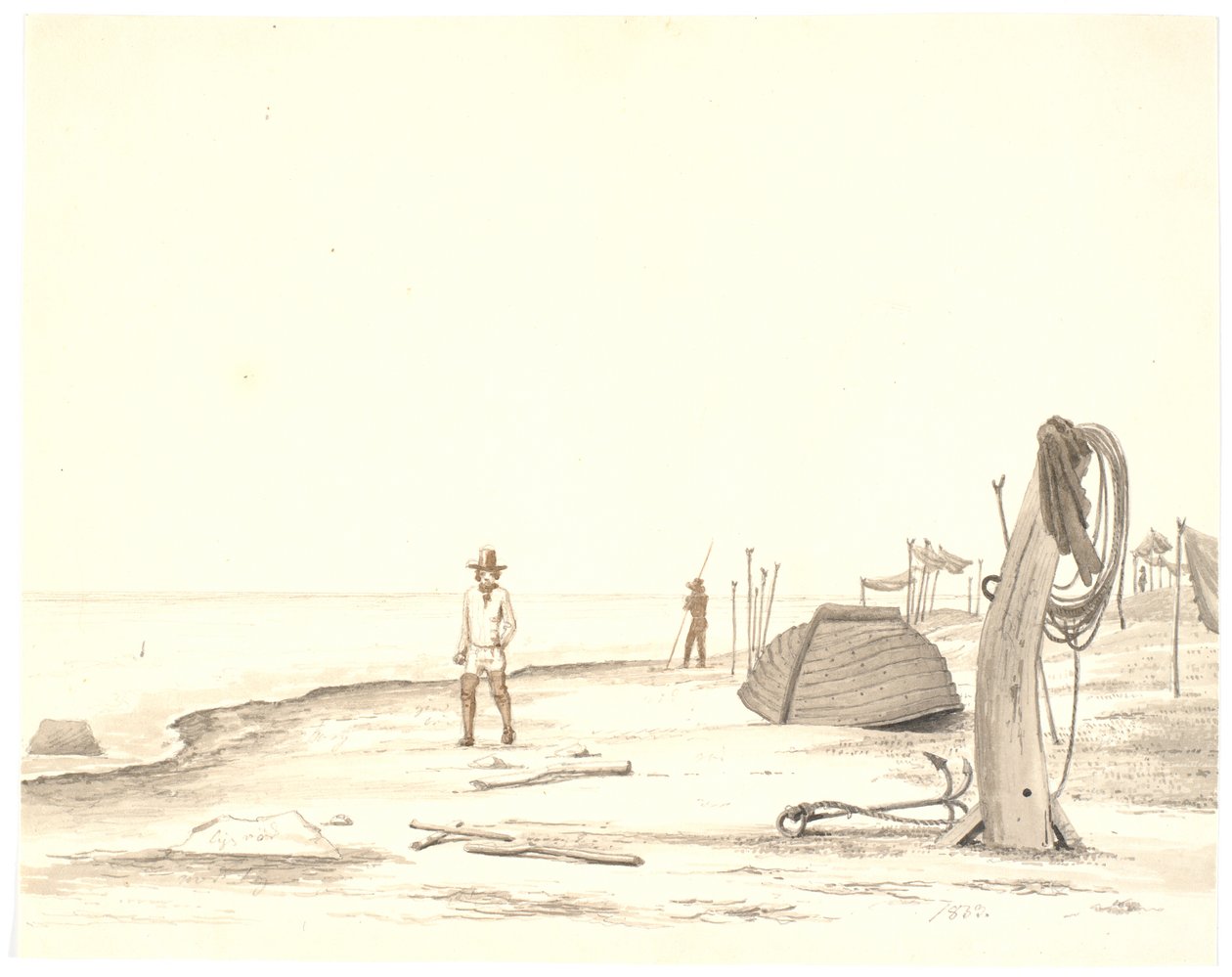 Parte da praia com barco invertido e dois pescadores de Martinus Rørbye