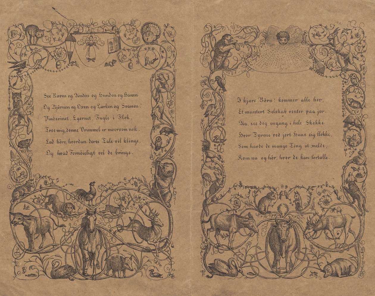 Duas capas com enfeite de corrente em loop com animais para "Halfhundred Fables for Children" com letras de Martinus Rørbye