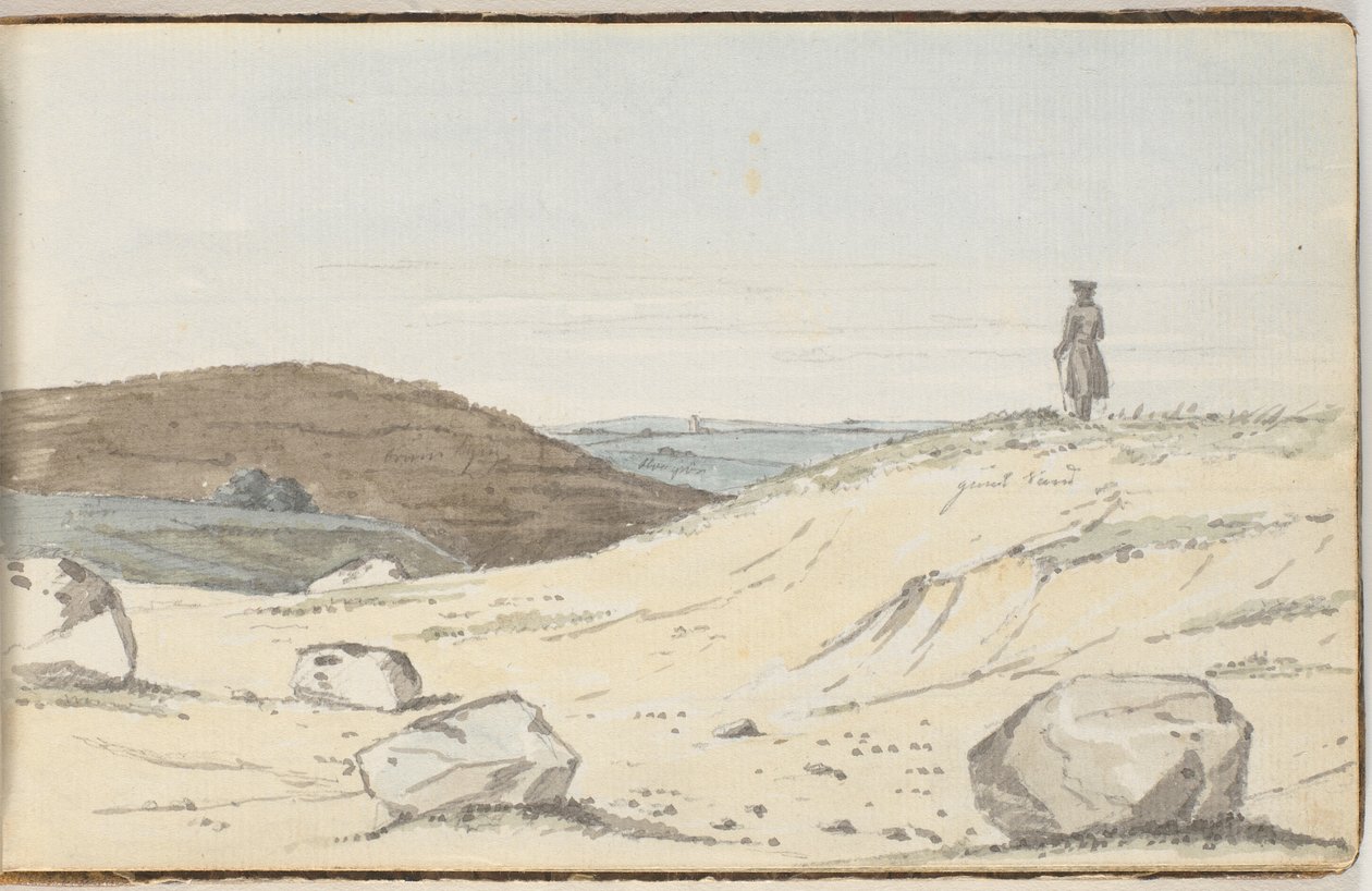 Vista sobre uma paisagem de charnecas ou dunas. Em primeiro plano algumas grandes colinas; em um deles está um homem olhando para a planície de Martinus Rørbye