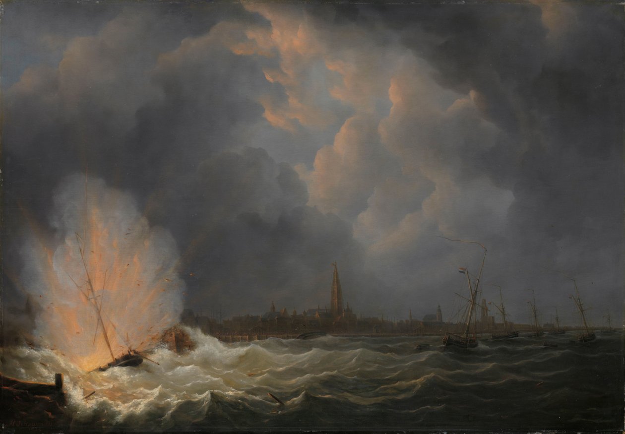 A Explosão do Barco de Armas nº 2, sob o Comando de Jan van Speijk, ao largo de Antuérpia, 5 de Fevereiro de 1831 de Martinus Schouman