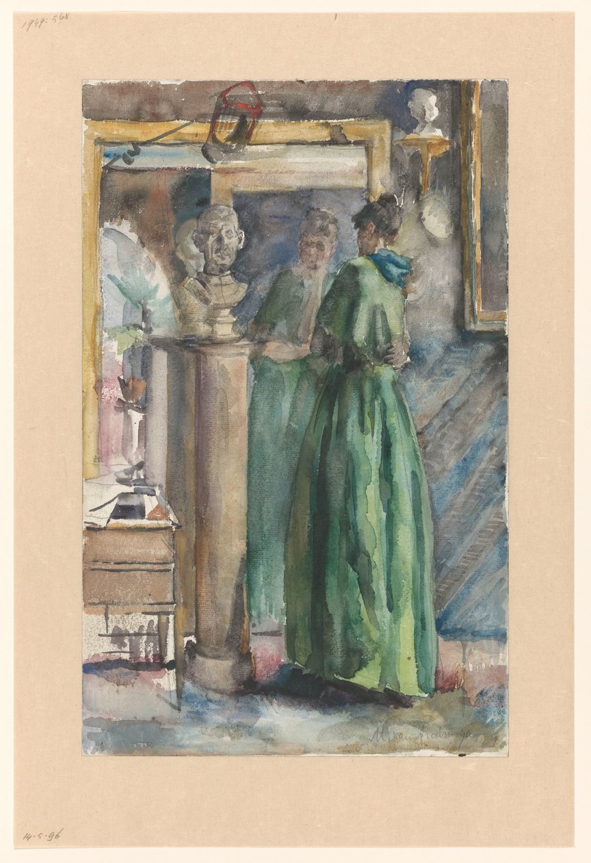 Senhora de vestido verde de pé em frente a um espelho de Martinus van Andringa