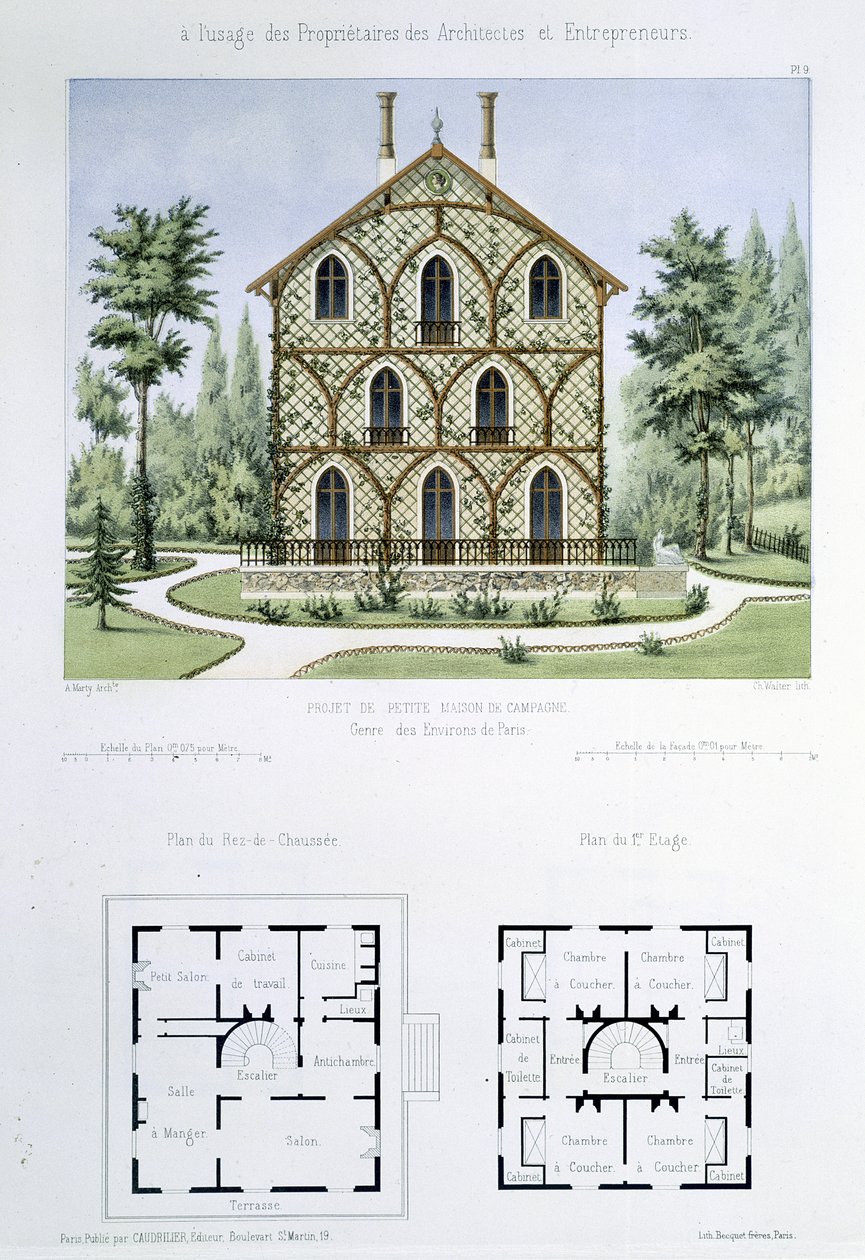 Projeto para uma pequena casa de campo perto de Paris, gravada por Walter, placa 9 de &39;Architecture Pittoresque et Moderne&39; de Marty