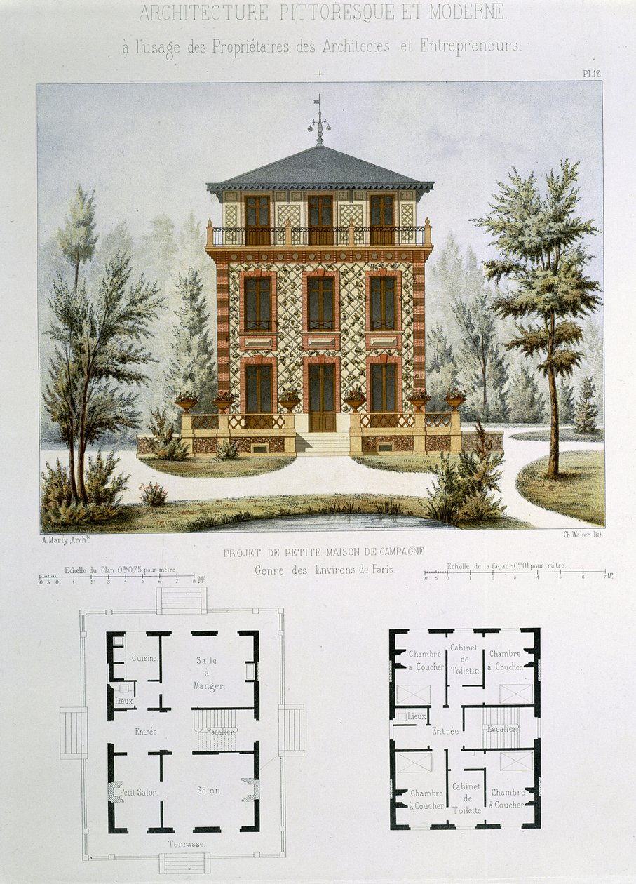 Projeto para uma pequena casa de campo perto de Paris, gravada por Walter, placa 12 de &39;Architecture Pittoresque et Moderne&39; de Marty