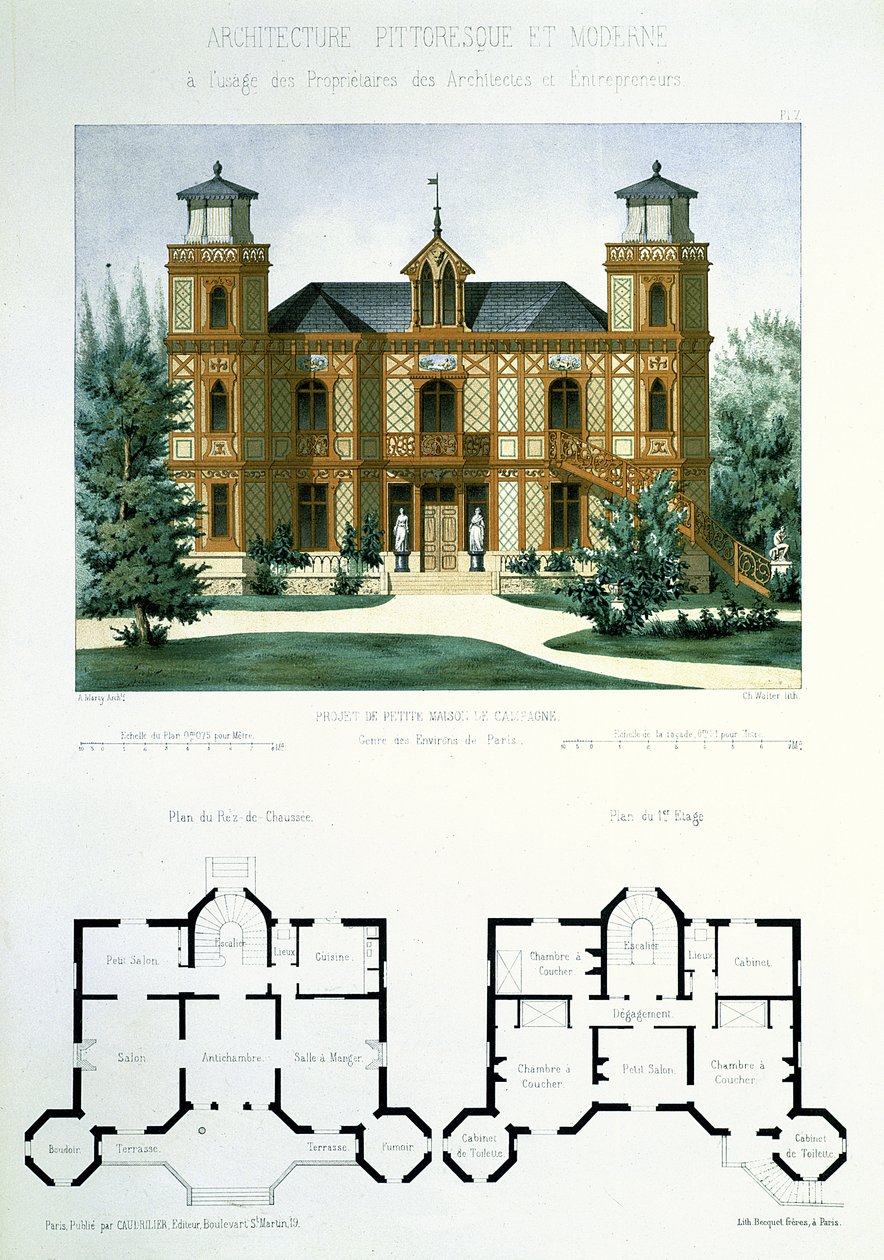 Projeto para uma pequena casa de campo perto de Paris, gravada por Walter, placa 7 de &39;Architecture Pittoresque et Moderne&39; de Marty