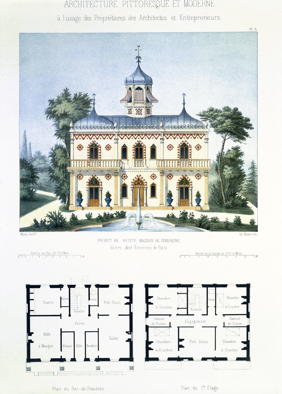 Projeto para uma pequena casa de campo perto de Paris, gravada por Walter, placa 5 da Architecture Pittoresque et Moderne de Marty