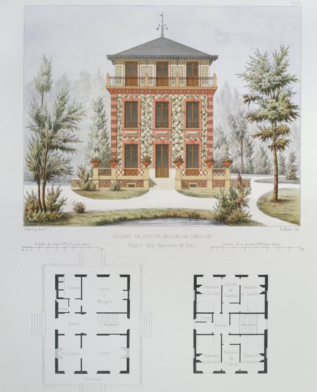 Projeto para uma pequena casa de campo perto de Paris, gravada por Walter, placa 18 da Arquitetura Pittoresque et Moderne de Marty