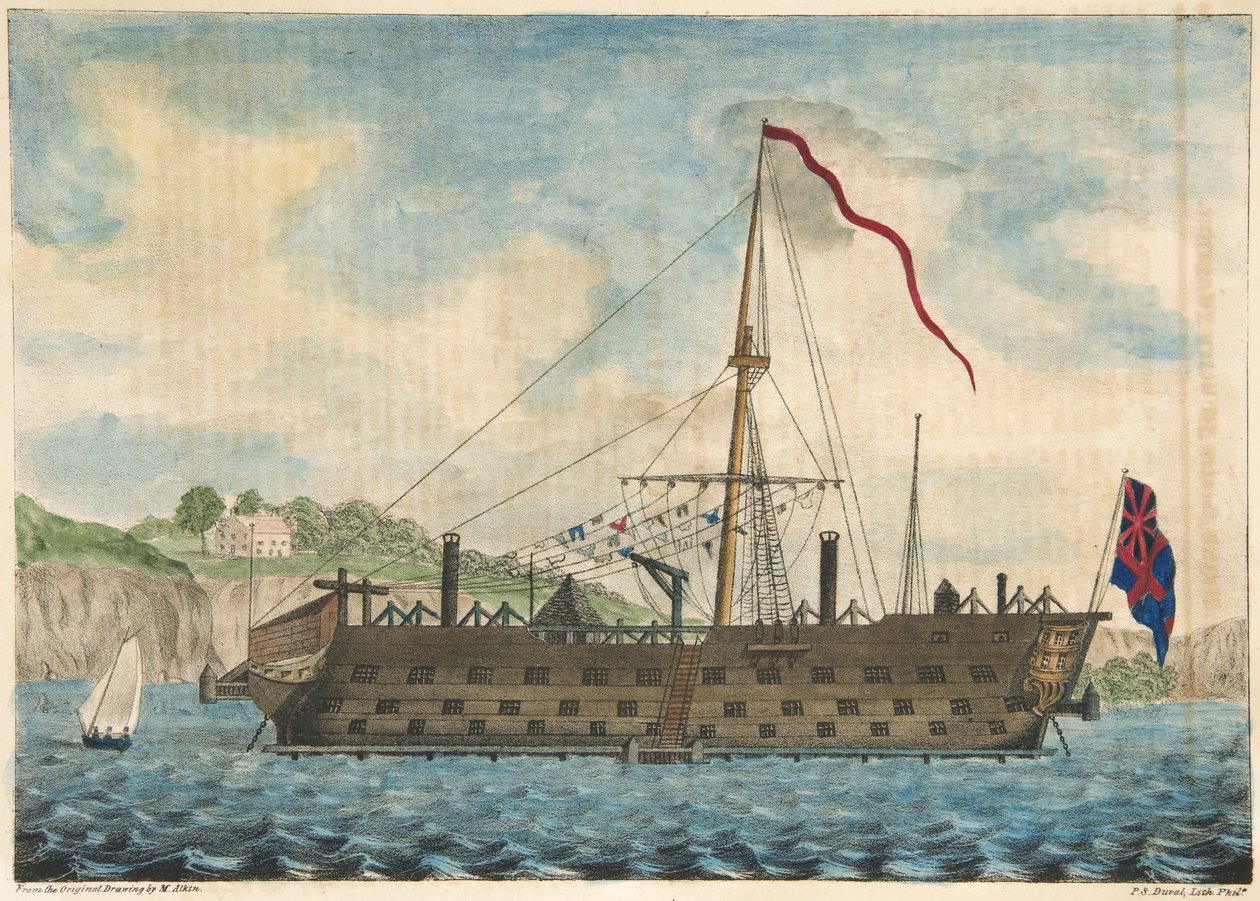 Navio da prisão Saratoga fora de Dartmouth, bar. 1840 (gravura colorida à mão) de Martyn after Alken