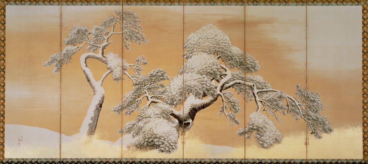 The Pines under Snow (caneta e tinta, papel dourado no painel) (ver 216567) de Maruyama Okyo