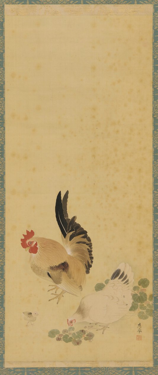 Galo, galinha e pintainho, período Edo, século XVIII. de Maruyama Okyo