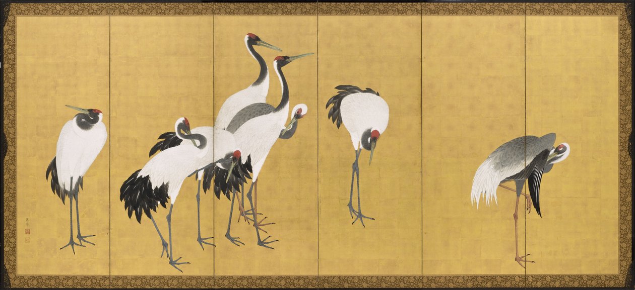 Guindastes, Período Anei, 1772 (tinta, cor e folha de ouro no painel) de Maruyama Okyo
