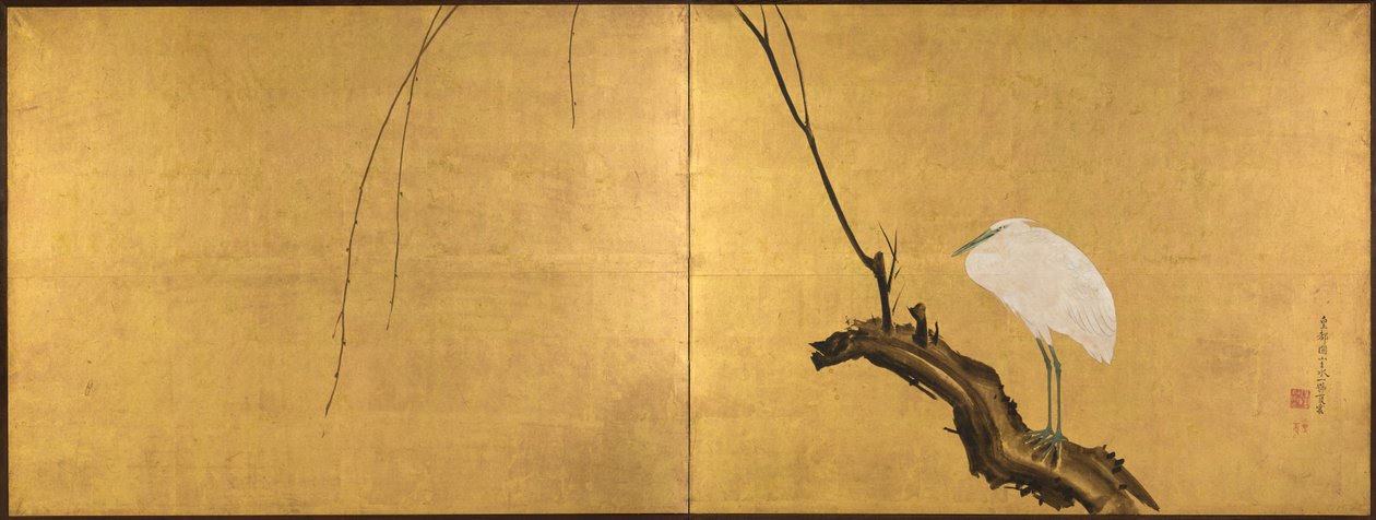 Garça em um galho de salgueiro de Maruyama Okyo