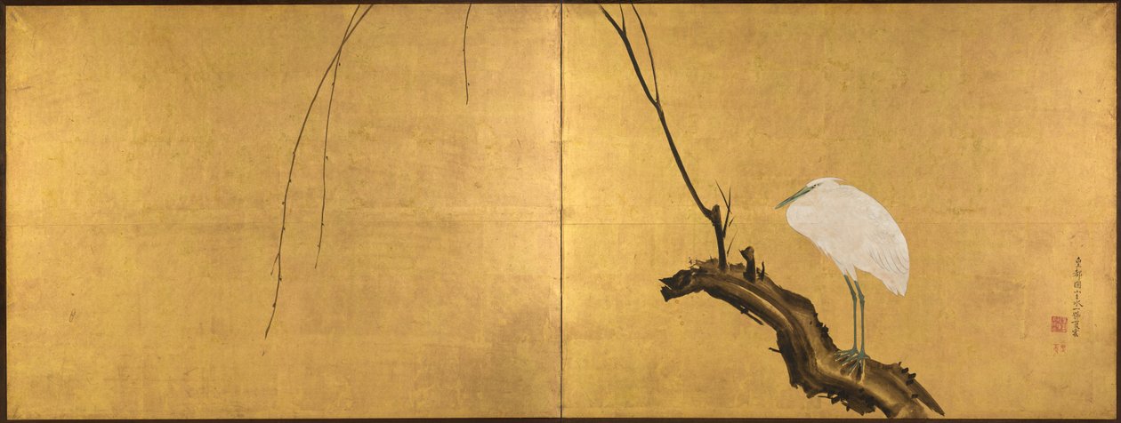 Garça em um galho de salgueiro, tela dobrável de dois painéis, final dos anos 1700 (tinta, cor, laca e ouro sobre seda) de Maruyama Okyo