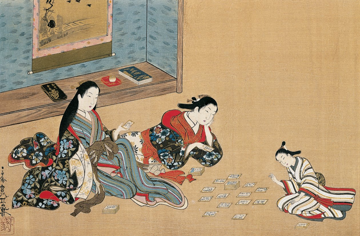 Mulheres a jogar às cartas, por Maruyama Okyo (1733-1765), pintura em seda em estilo ukiyo-e, Japão de Maruyama Okyo
