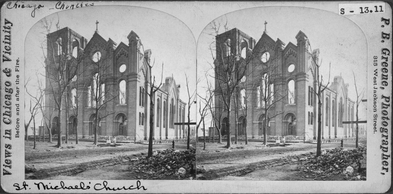 Estereografia da Igreja St. Michaels após o incêndio de Chicago de 1871, 1871 (foto bw no cartão de montagem) de Mary C. Greene