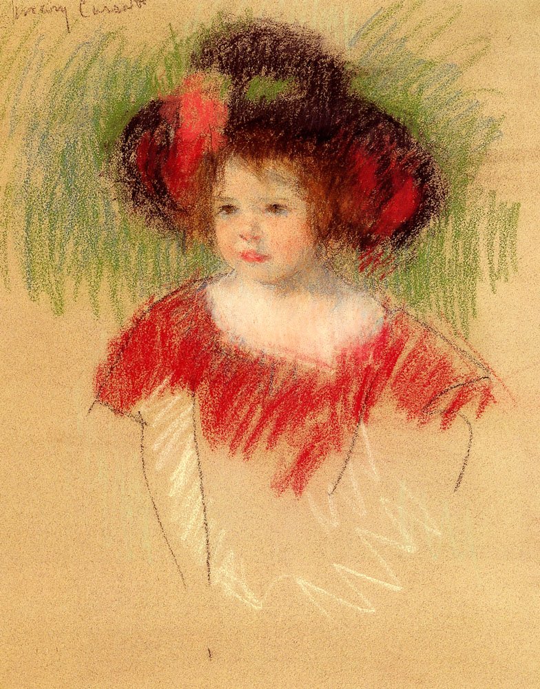 Margot Em Grande Bonnett E Vestido Vermelho de Mary Cassatt