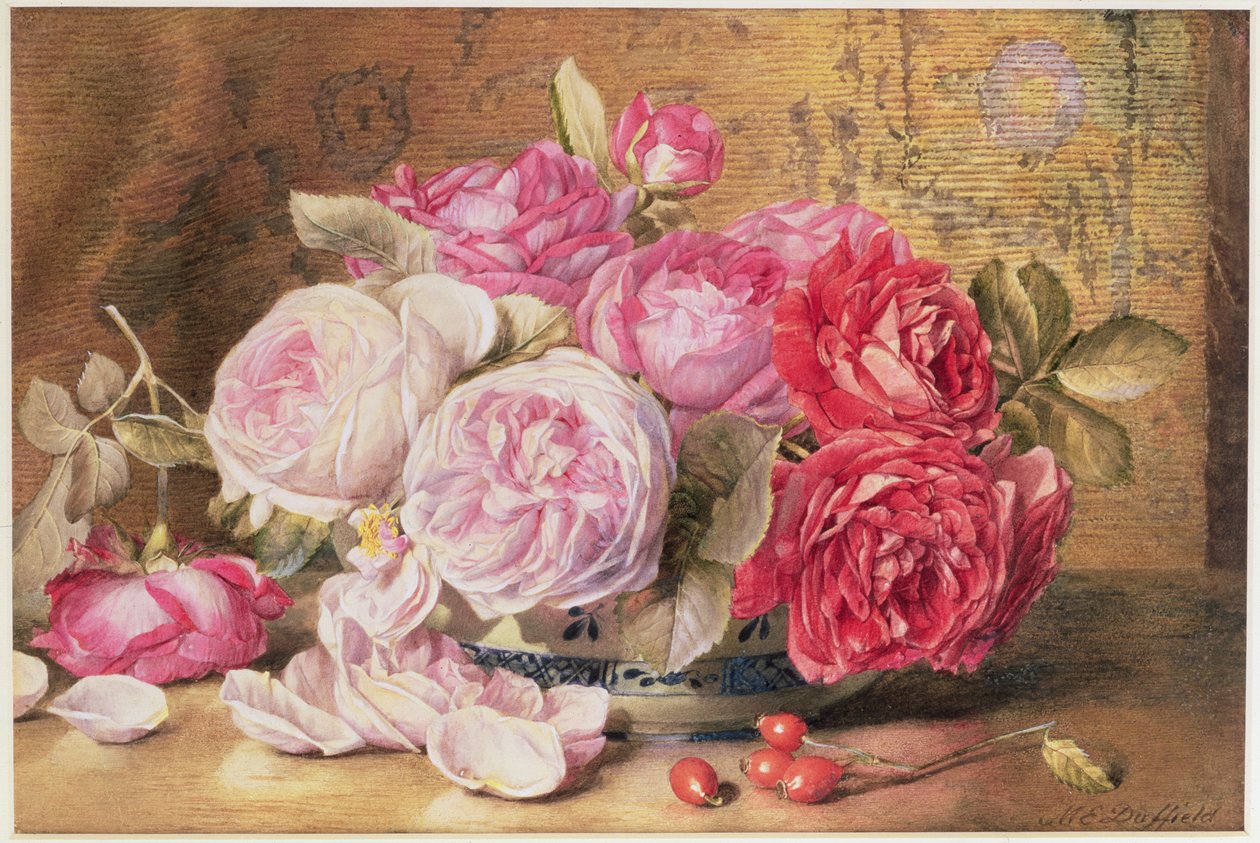 Rosas cor de rosa e vermelhas em uma tigela de Mary Elizabeth Duffield