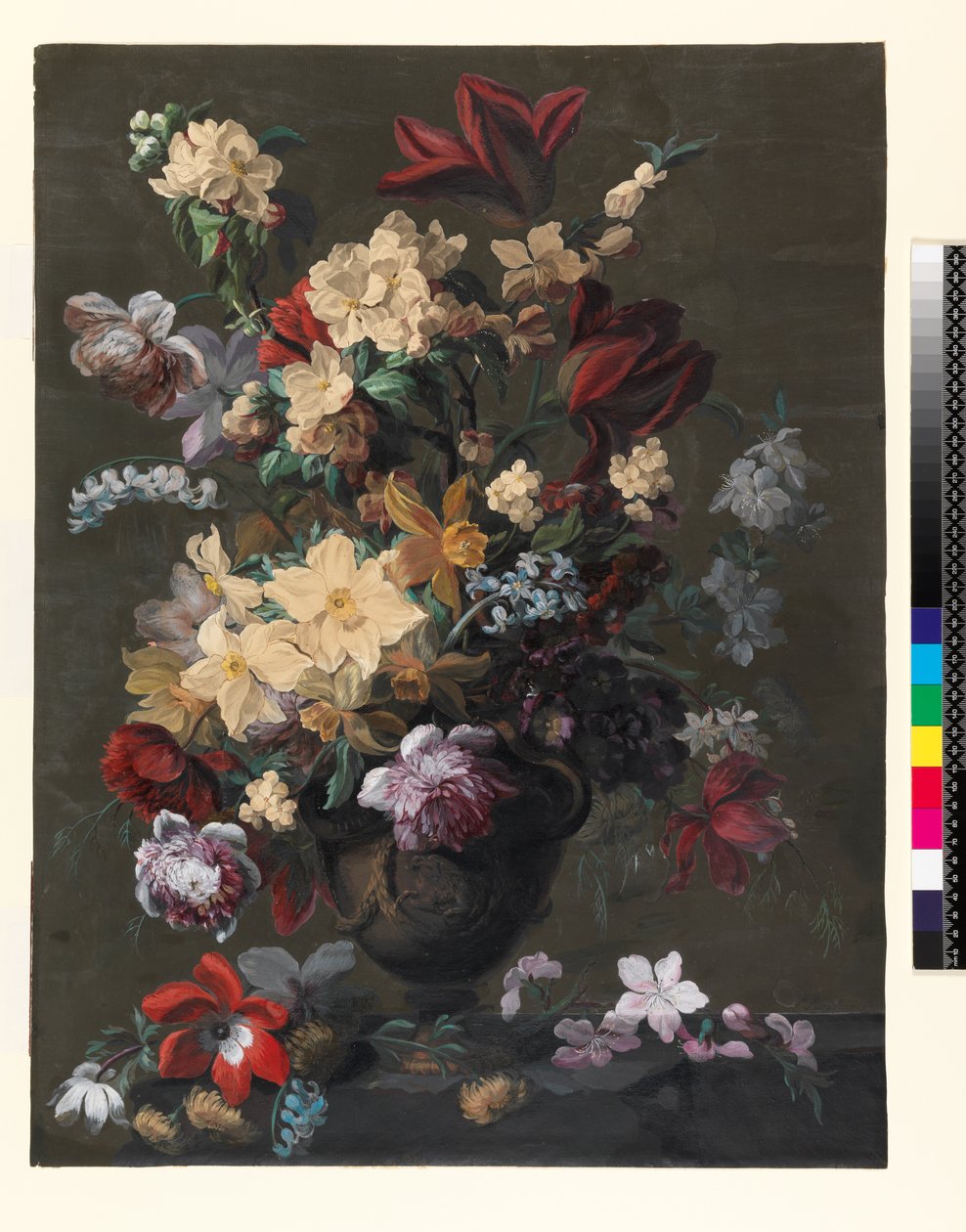 Flores em um vaso de pé em um Ledge (Áries), final do século XVIII (caneta e tinta, wc e bodycolour em um terreno escuro preparado) de Mary Moser