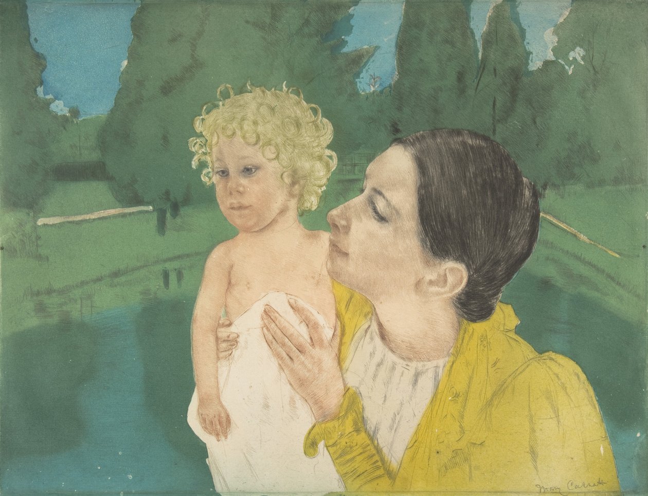 Na Lagoa, c.1896 (ponto de seca e impressão aquatinta) de Mary Cassatt