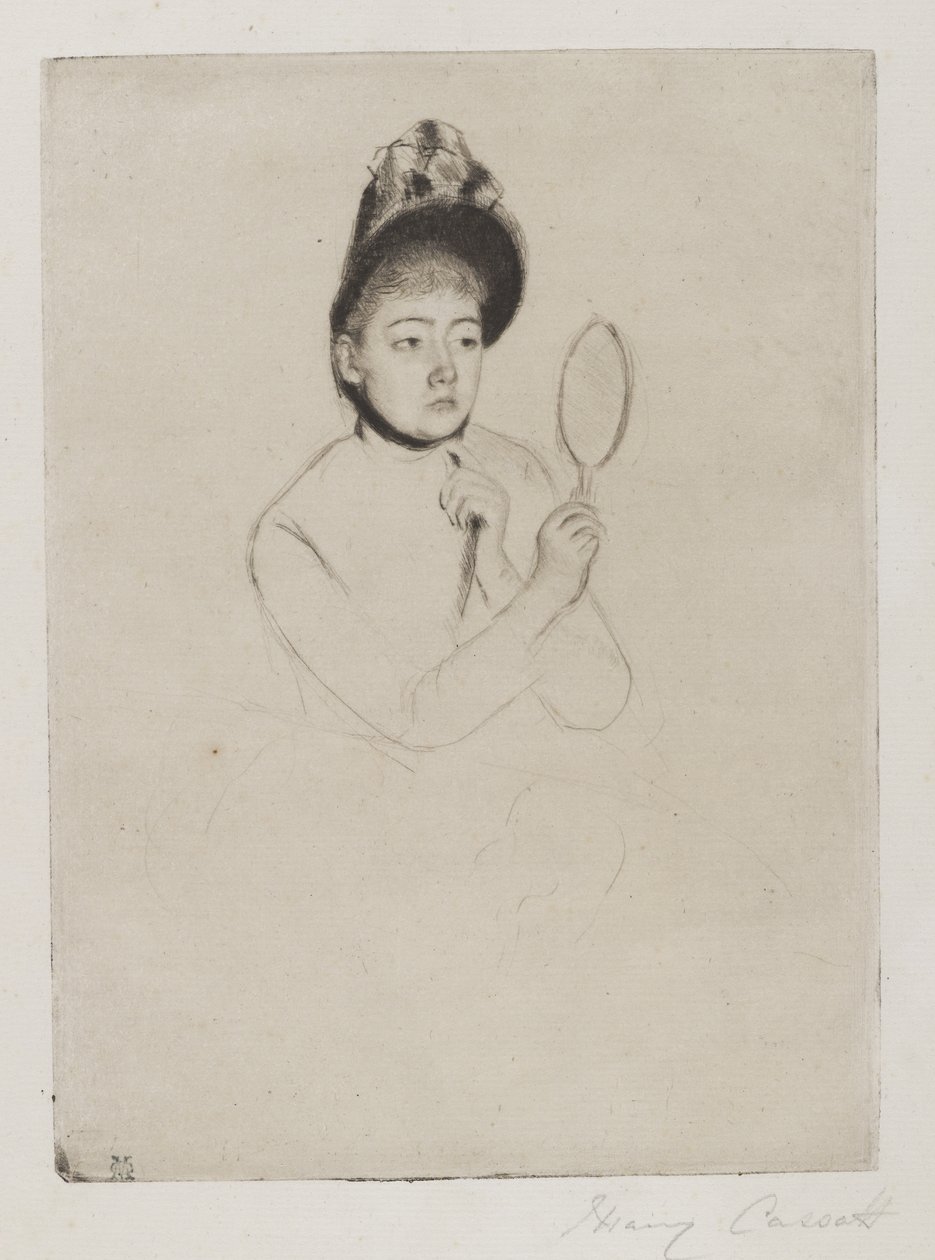 Femme au Mirror (O Bonnet), c.1891 (ponto seco sobre papel de cor creme) de Mary Cassatt