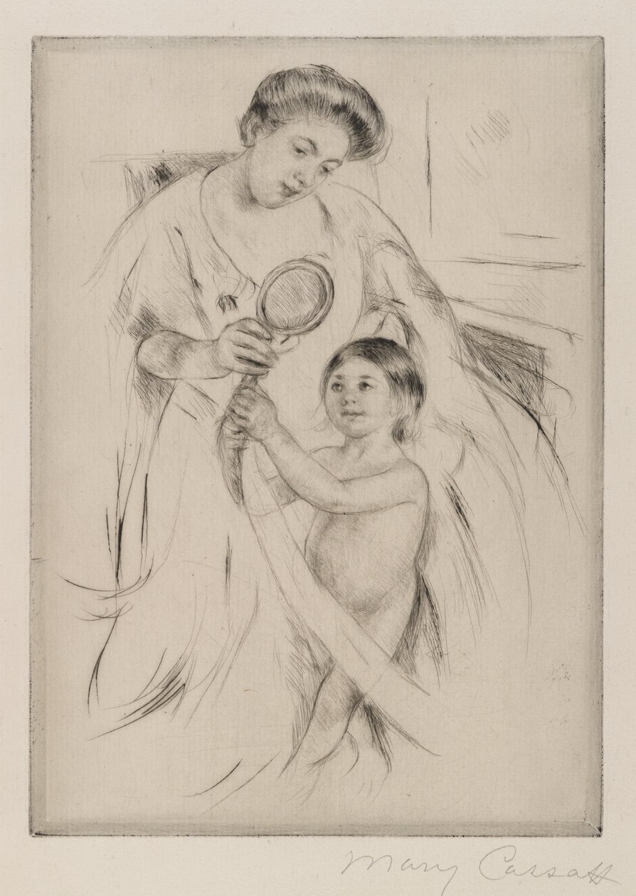 La Glace a Main, c.1905 (ponto seco sobre papel creme colorido) de Mary Cassatt