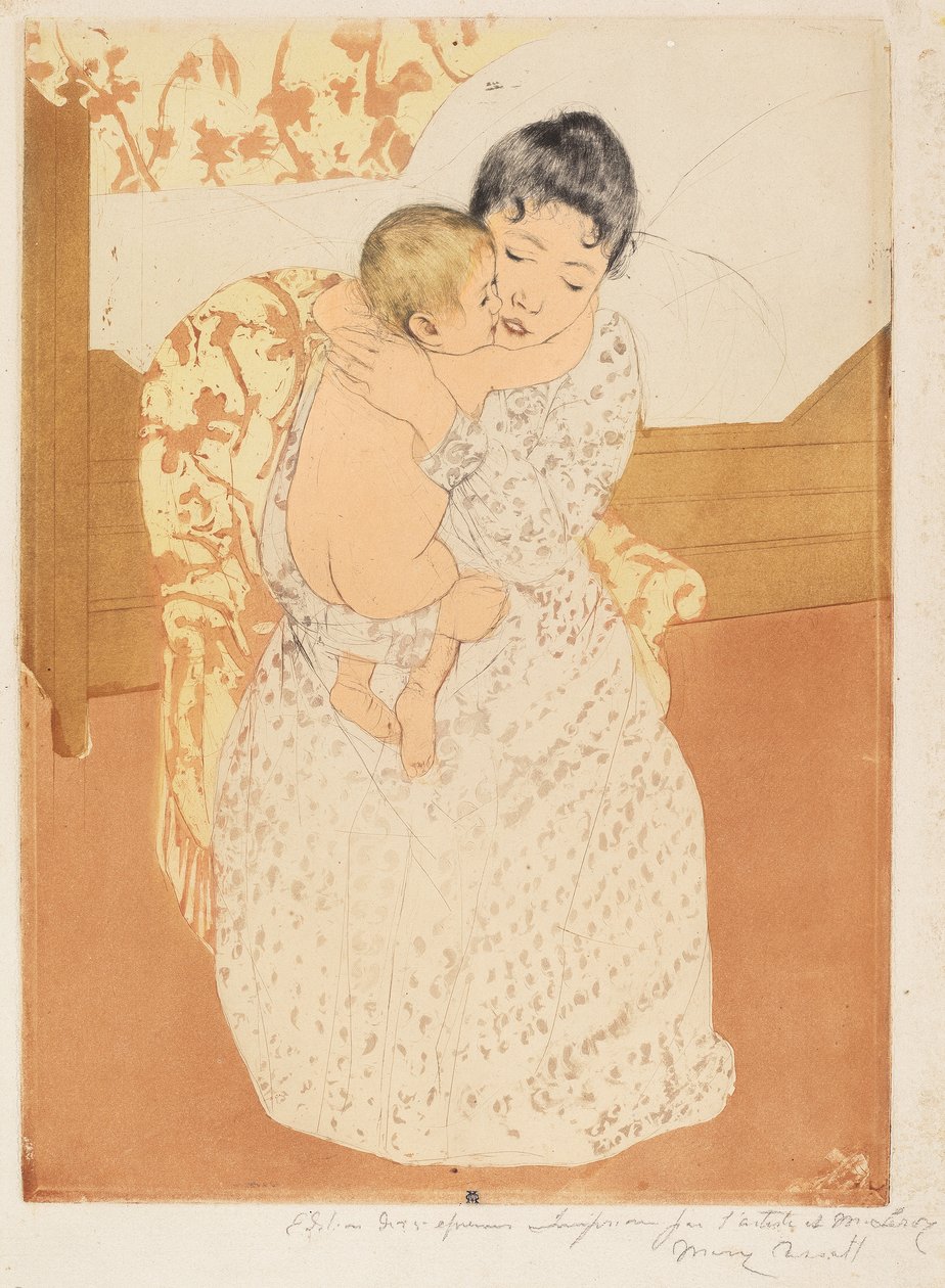 Caress maternal, 1890-1 (ponto de cor e tinta aquatint sobre papel creme) de Mary Cassatt