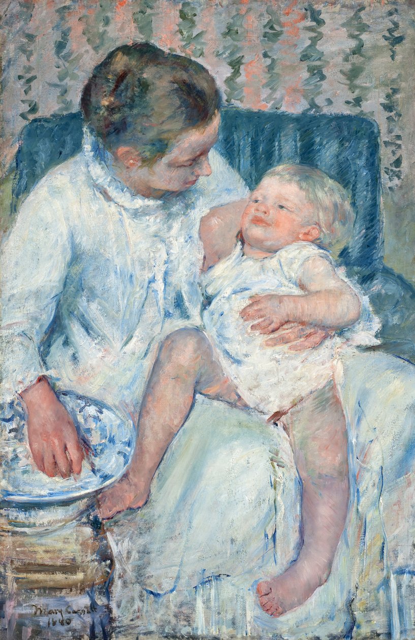 Mãe prestes a lavar sua criança sonolenta de Mary Cassatt