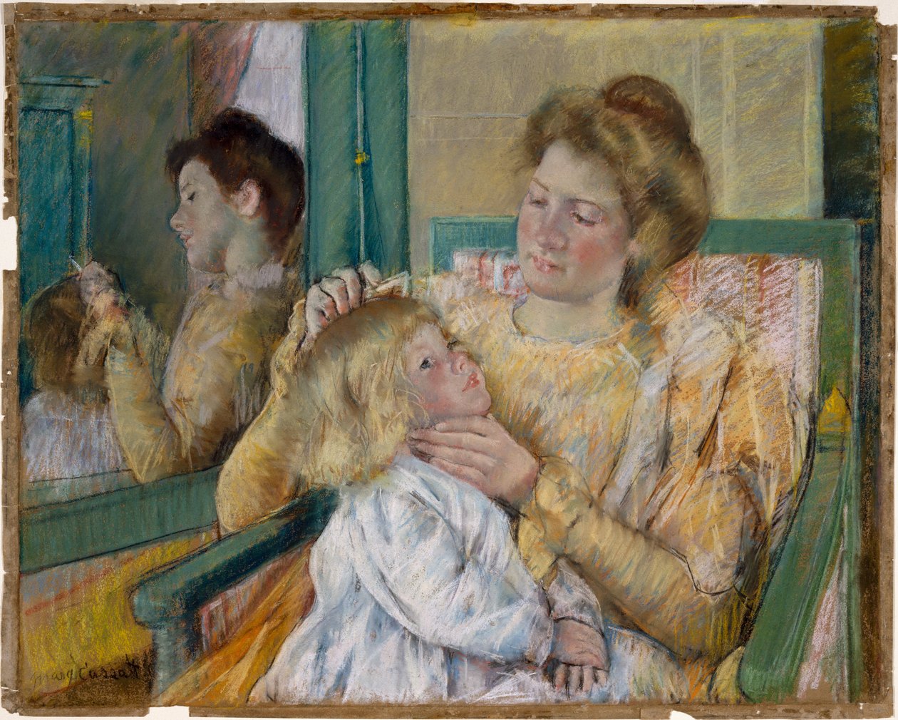 Mãe, penteando, dela, Childs, cabelo, c.1901, (pastel, ligado, cinzento, paper) de Mary Cassatt