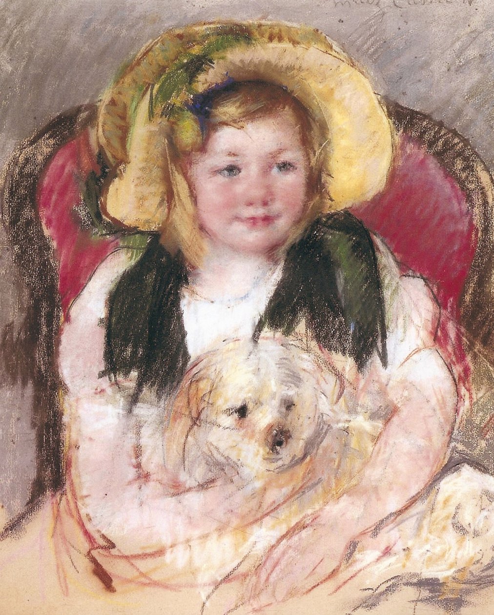 Sara com seu cachorro em uma poltrona, 1901 de Mary Cassatt