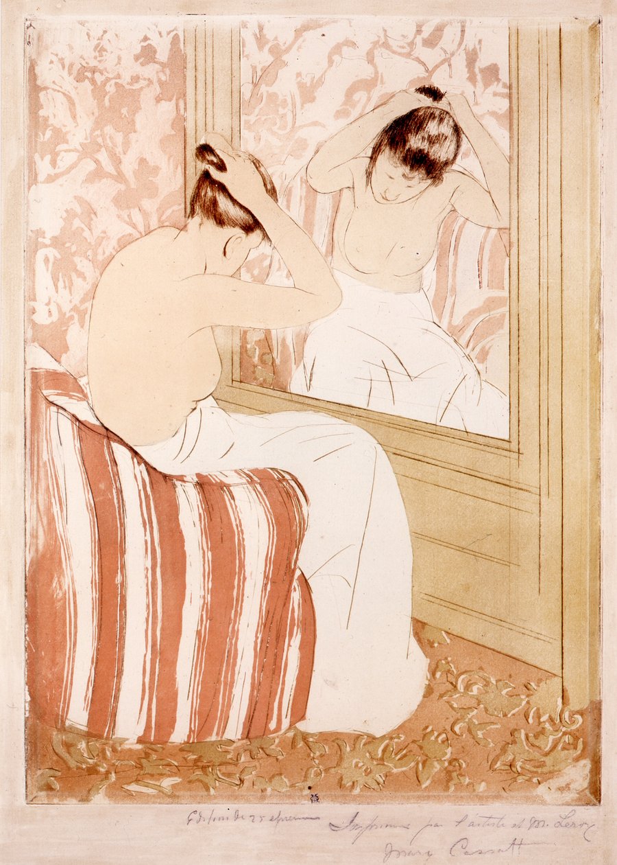 O Coiffure (tinta e carvão no papel) de Mary Cassatt