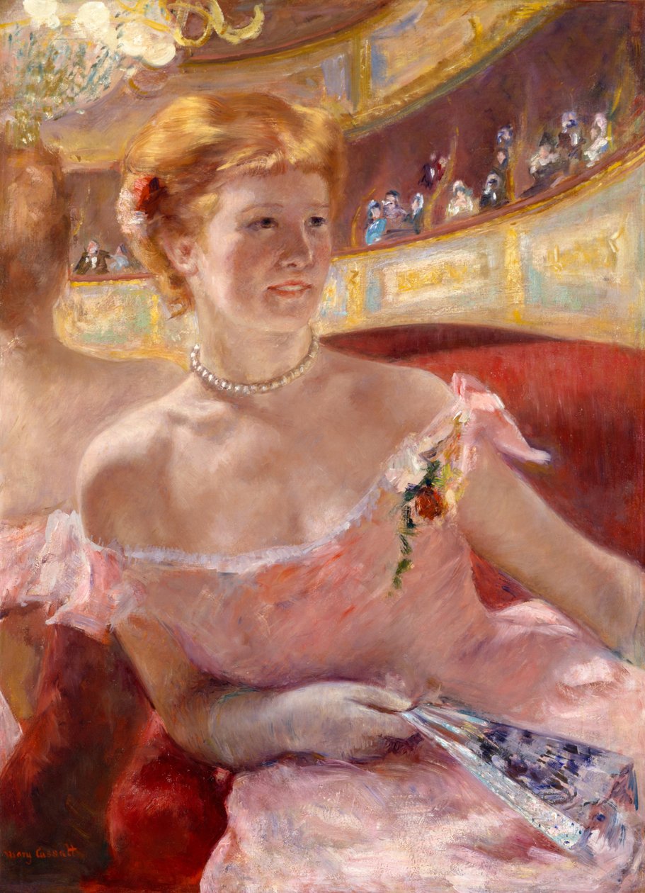Mulher, com, um, colar pérola, em, um, Loge de Mary Cassatt