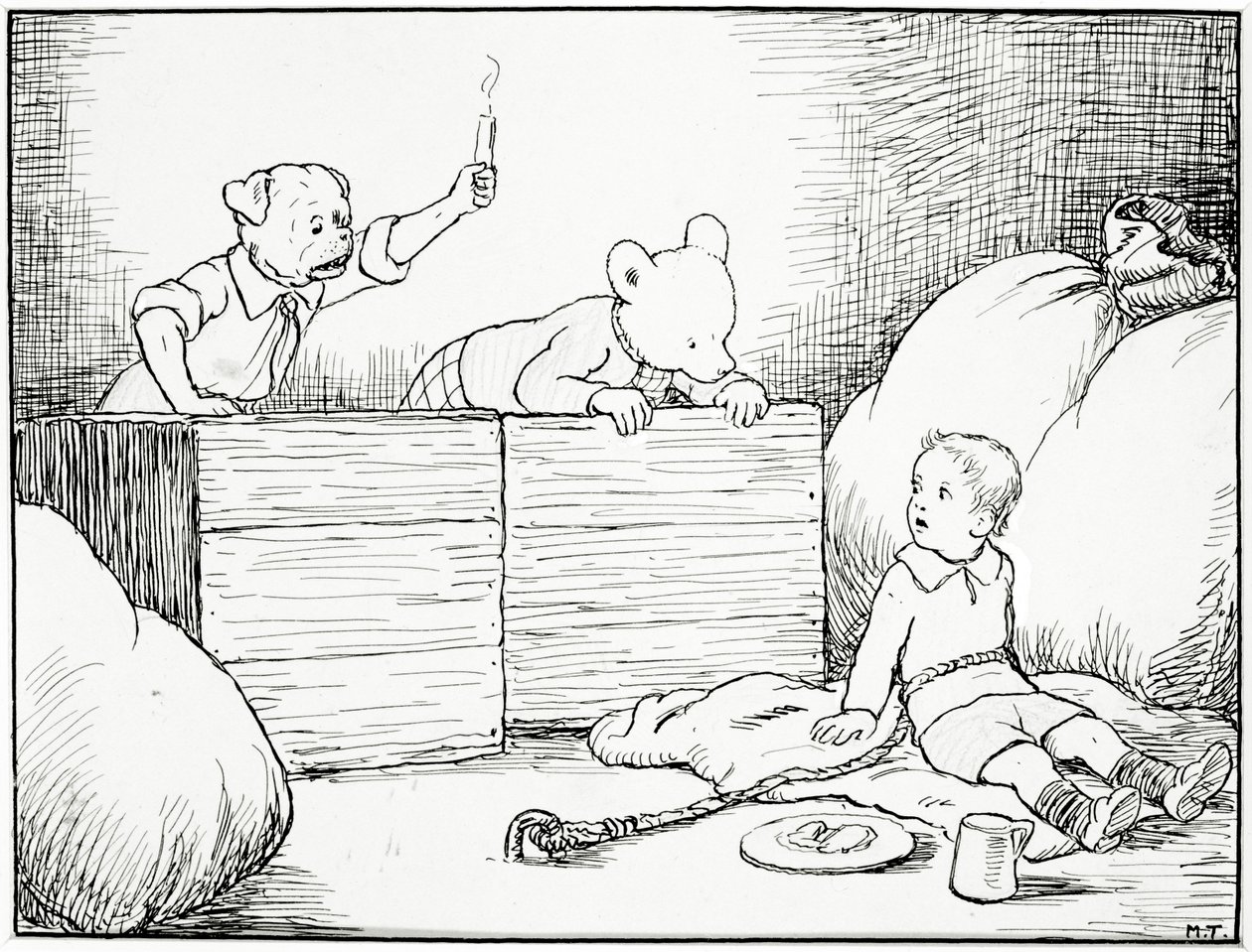 Eles viram um pequeno rosto virado para cima olhando para eles com medo, ilustração de Rupert Bear Goes Hiking, pub. por Marston & Co., Londres, década de 1920 (caneta e tinta, crayon no papel) de Mary Tourtel